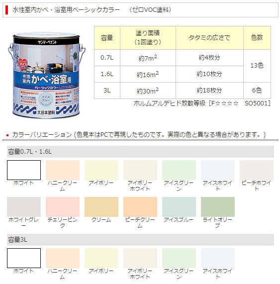ゼロVOC塗料 水性室内かべ・浴室用ベーシックカラー 3L 約30平米/回 全6色 サンデーペイント